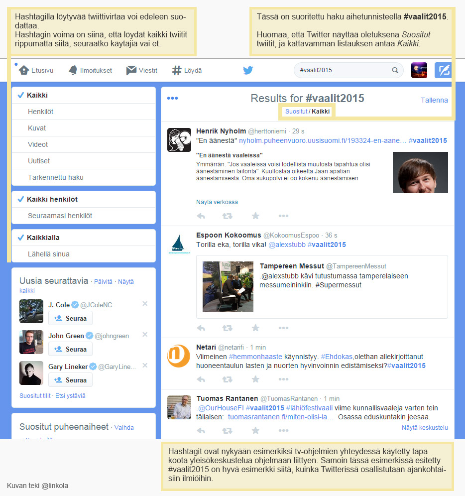 Kuva 4. Twitterin hakusivun ominaisuuksia ja toimintoja, esimerkkinä #vaalit2015